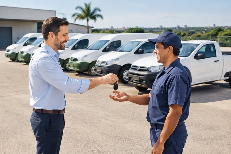 Entrega de chave ao motorista com uma frota de utilitários brancos ao fundo
