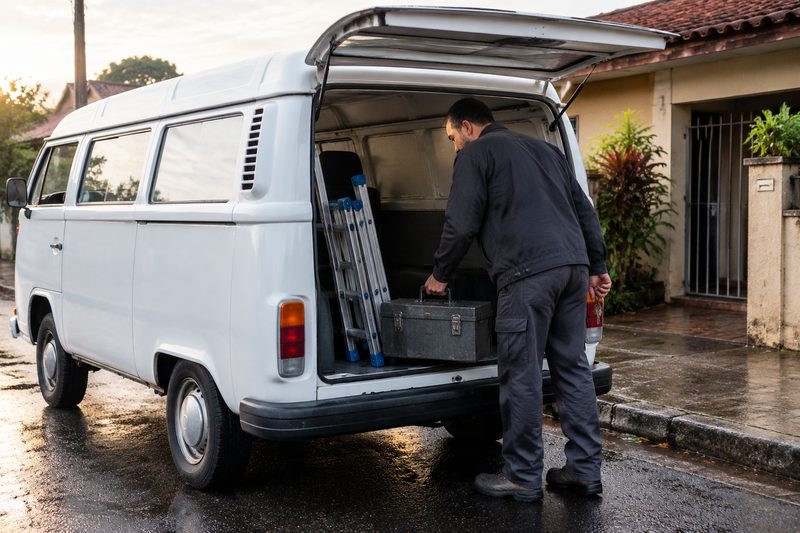 Profissional autônomo carregando caixa de ferramentas em uma Kombi na frente de uma casa