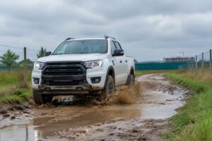 Picape branca 4x4 passando por poça em estrada de terra esburacada sob céu nublado