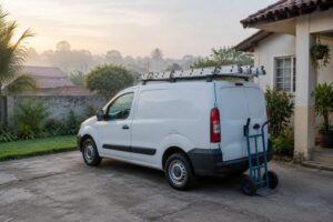 Van de carga branca em uma garagem residencial com escada no teto e carrinho de carga ao lado