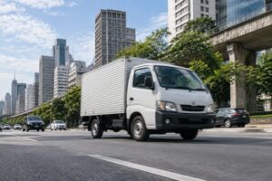 Caminhão leve branco em movimento em avenida de São Paulo, com prédios e viaduto ao fundo
