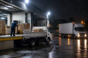Caminhão de carroceria aberta sendo carregado com caixas sob holofotes à noite, com caminhão baú fechado aguardando na chuva