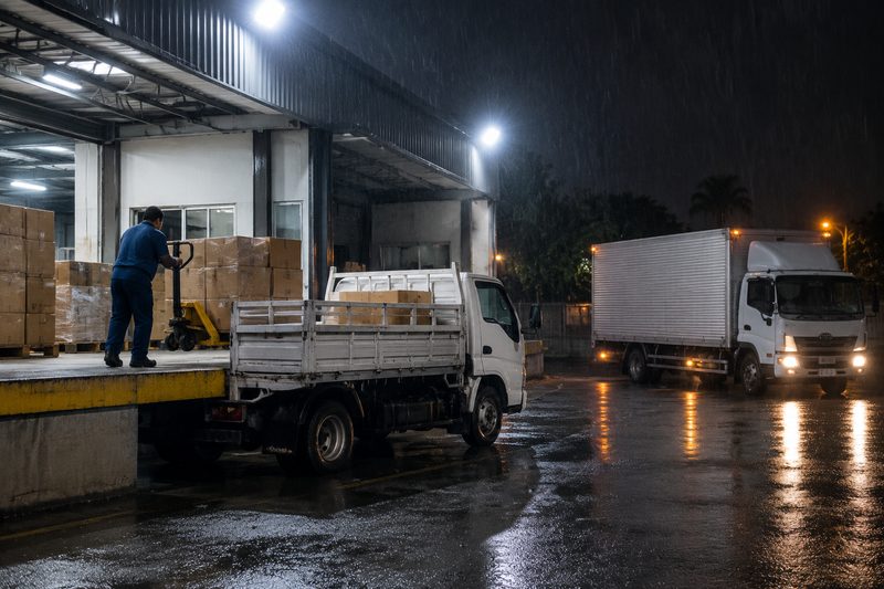 Caminhão de carroceria aberta sendo carregado com caixas sob holofotes à noite, com caminhão baú fechado aguardando na chuva