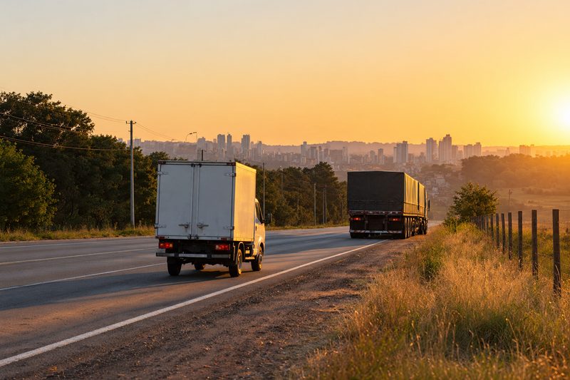 Caminhão leve cabine avançada seguindo pela estrada, com um caminhão de três eixos maior parado no acostamento ao fundo