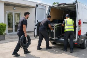 Dois profissionais carregando caixa de equipamento e cabos na traseira de um utilitário branco na entrada da empresa