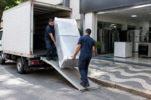 Caminhão baú branco com a porta aberta e dois carregadores descarregando uma geladeira embalada pela rampa