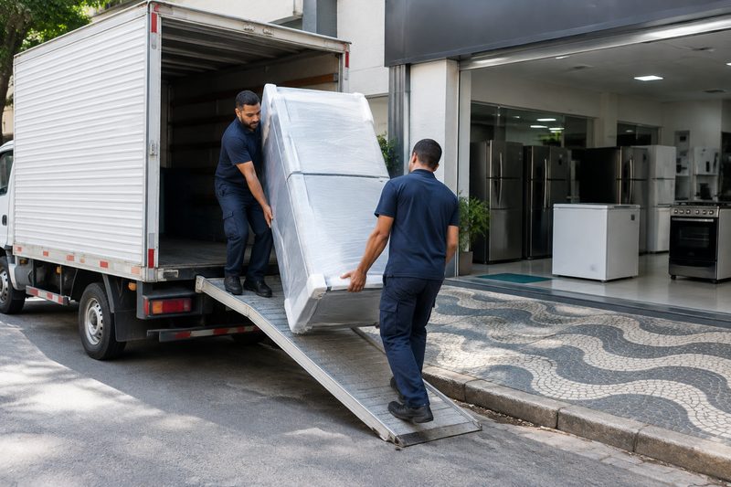 Caminhão baú branco com a porta aberta e dois carregadores descarregando uma geladeira embalada pela rampa