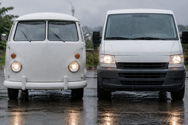 Frente arredondada de uma Kombi de carga branca ao lado da frente quadrada de uma van branca, com chuva leve e asfalto molhado