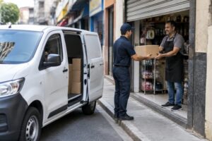 Entregador retirando encomenda de uma van branca com porta lateral aberta em frente a um pequeno comércio