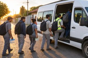 Grupo de trabalhadores embarcando em uma van branca de transporte de funcionários ao amanhecer