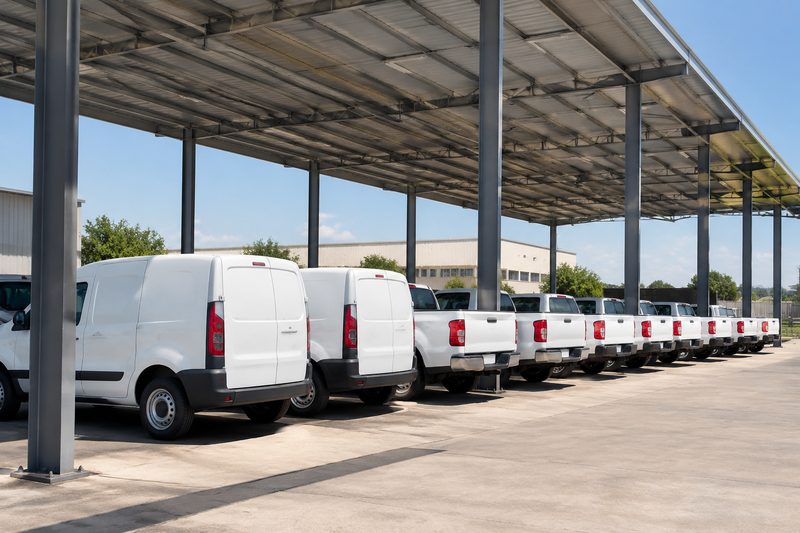 Fila de utilitários brancos idênticos estacionados sob um galpão metálico em um pátio empresarial