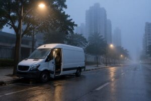 Van de carga branca estacionada em rua vazia ao amanhecer com neblina leve e luz interna acesa