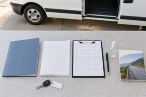 Vista de cima de um balcão com chave do veículo, pasta de documentos, prancha de checklist e caneta, com um utilitário branco ao fundo