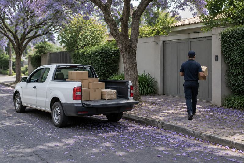 Picape pequena branca com a caçamba aberta carregada de caixas, em rua residencial arborizada de São Paulo