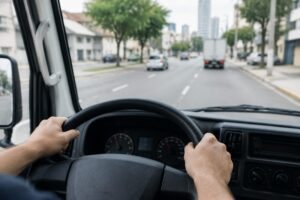 Mãos do motorista no volante de um utilitário, com o painel desfocado e a rua ao fundo pelo para-brisa