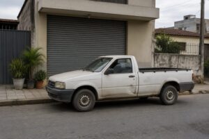 Picape utilitária branca antiga e empoeirada estacionada em frente a uma pequena oficina fechada