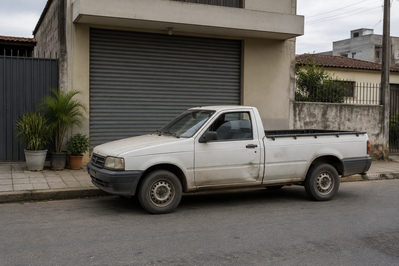 Picape utilitária branca antiga e empoeirada estacionada em frente a uma pequena oficina fechada