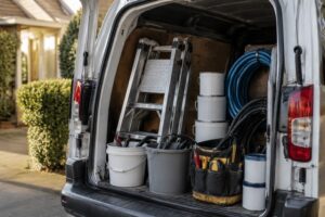 Portas traseiras abertas de uma van de carga com escada, baldes, mangueiras, maleta de ferramentas e latas de tinta organizadas