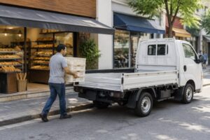 Motorista carregando engradados em caminhão leve de cabine avançada estacionado em frente a uma padaria