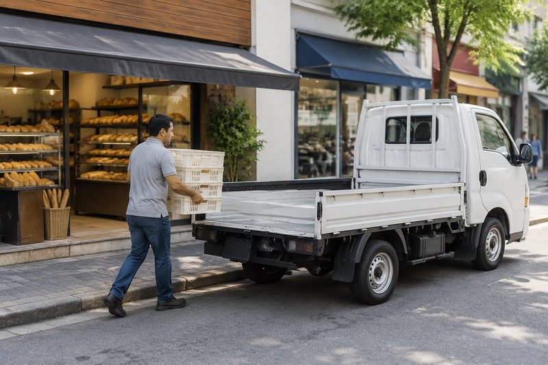 Motorista carregando engradados em caminhão leve de cabine avançada estacionado em frente a uma padaria